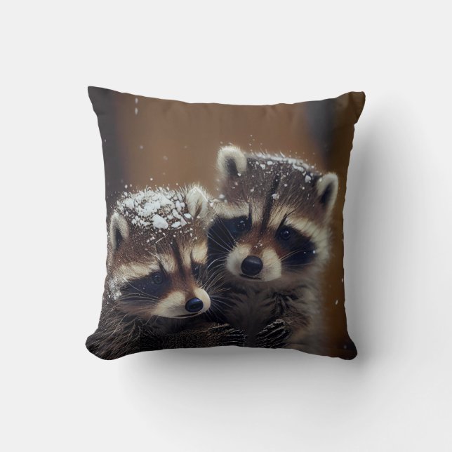 Baby Raccoons Huddle in Falling Snow Throw Pillow (Front)