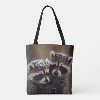 Baby Raccoons Huddle in Falling Snow Tote Bag