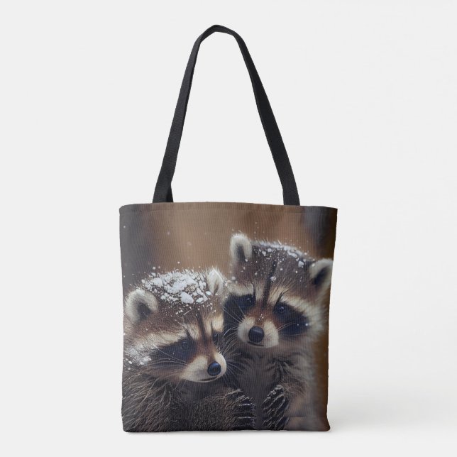 Baby Raccoons Huddle in Falling Snow Tote Bag (Back)