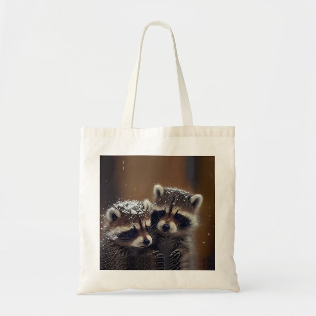 Baby Raccoons Huddle in Falling Snow Tote Bag (Front)