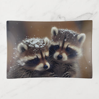 Baby Raccoons Huddle in Falling Snow Trinket Tray
