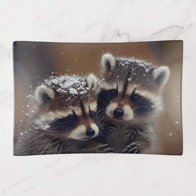 Baby Raccoons Huddle in Falling Snow Trinket Tray (Front)