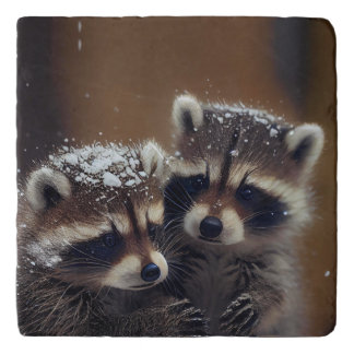 Baby Raccoons Huddle in Falling Snow Trivet