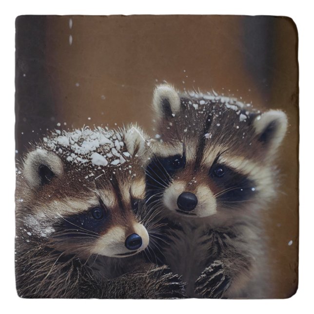 Baby Raccoons Huddle in Falling Snow Trivet (Front)