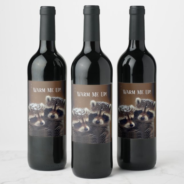 Baby Raccoons Huddle in Falling Snow Wine Label (Bottles)
