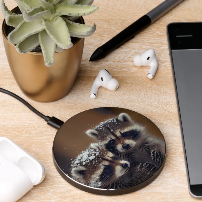 Baby Raccoons Huddle in Falling Snow Wireless Charger (Desk 2)