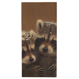 Baby Raccoons Huddle in Falling Snow Wood Flash Drive