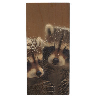 Baby Raccoons Huddle in Falling Snow Wood Flash Drive