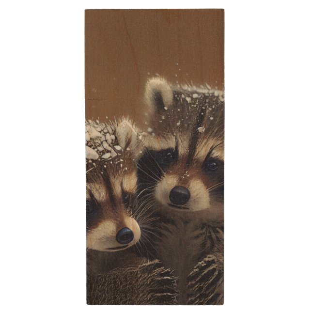 Baby Raccoons Huddle in Falling Snow Wood Flash Drive (Front Vertical)