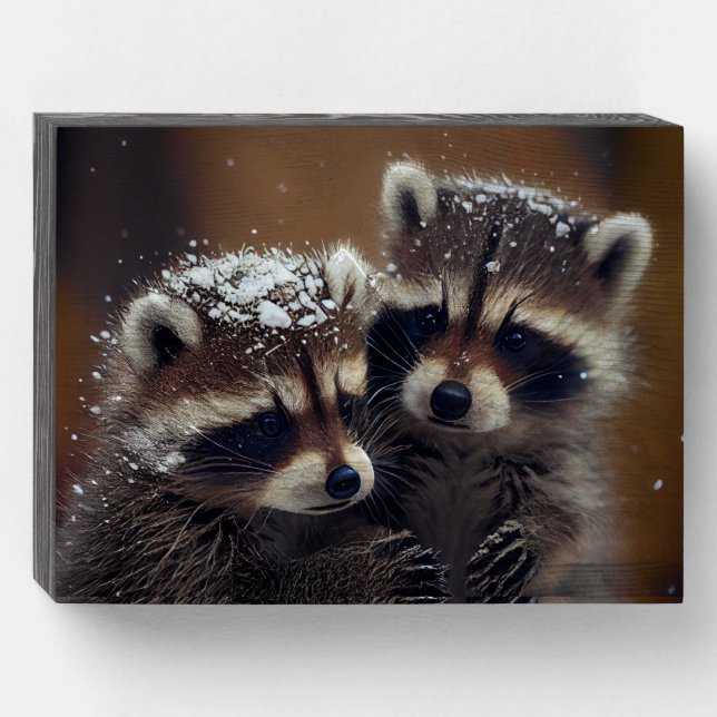 Baby Raccoons Huddle in Falling Snow Wooden Box Sign (Front Horizontal)