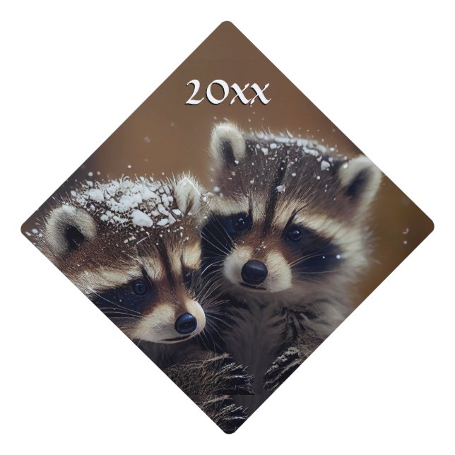Baby Raccoons Huddle in Falling Snow Year Graduation Cap Topper (Front)