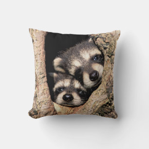 Baby Raccoons Peeking out of Tree Throw Pillow