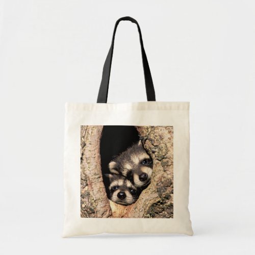 Baby Raccoons Peeking out of Tree Tote Bag