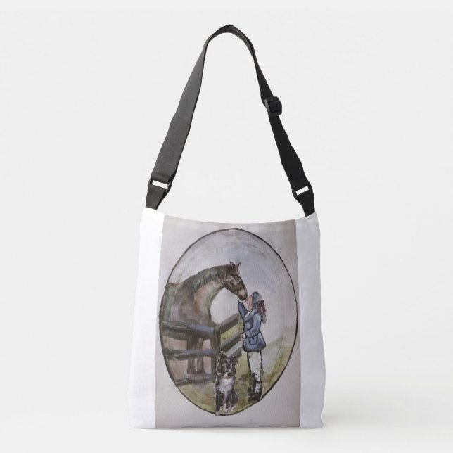 baby race horse mare in stall , on one side and in crossbody bag (Front)