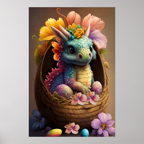 Baby rainbow dragon sitting in an Easter basket Poster