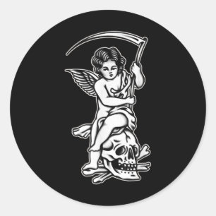 Baby Reaper Skull Scythe Blackwork Tattoo Flash Classic Round Sticker