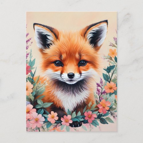 Baby Red Fox Floral Portrait Art Postcard