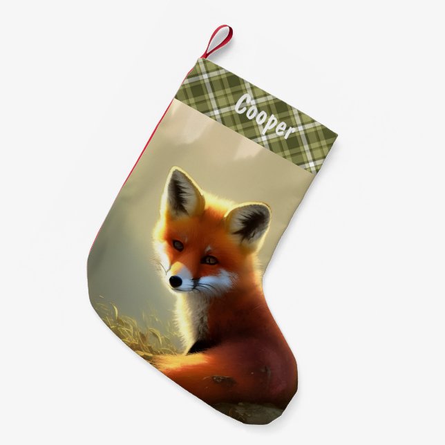 Baby Red Fox Wildlife Portrait Personalized  Small Christmas Stocking (Front (Hanging))