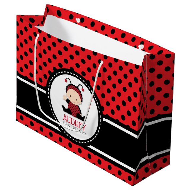 Baby Red Ladybug First Birthday Baby Shower Large Gift Bag (Front Angled)
