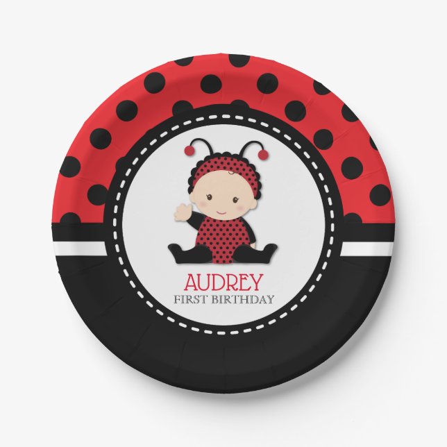 Baby Red Ladybug First Birthday Baby Shower Paper Plates (Front)