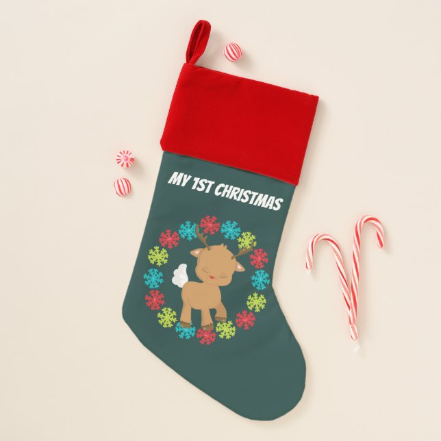 Baby reindeer add name First Christmas Christmas Stocking (Front)