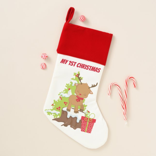 Baby reindeer add name First Christmas Christmas Stocking (Front)