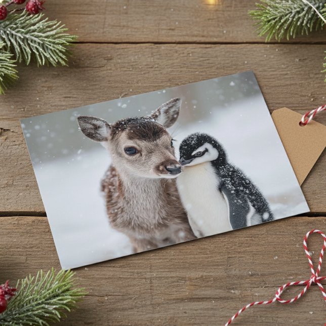 Baby Reindeer and Penguin Christmas Holiday Postcard (Creator Uploaded)