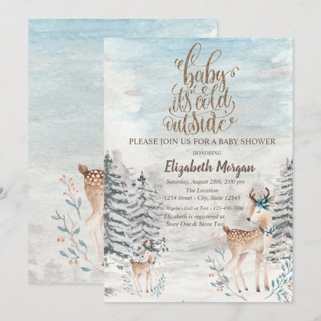 Baby Reindeer Pine Tree Forest Baby Shower  Invitation (Front/Back)