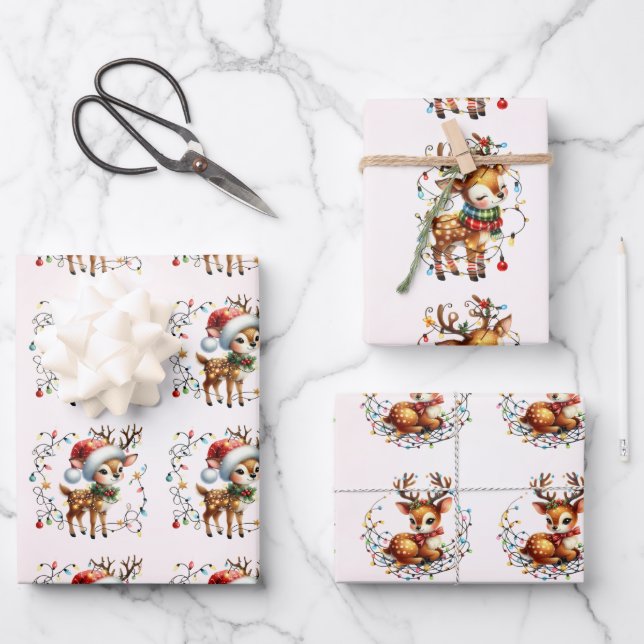 Baby Reindeer Tangled Lights Christmas Kids Wrapping Paper Sheets (Front)