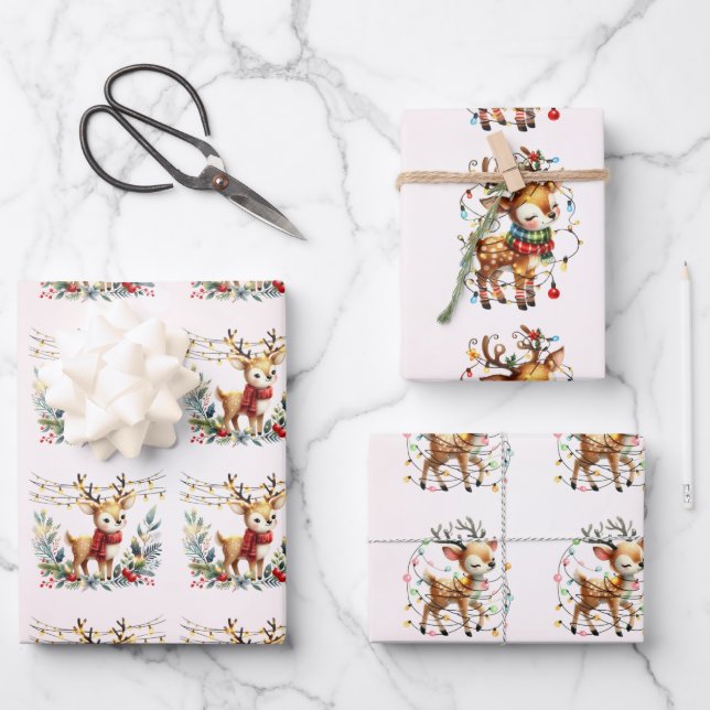 Baby Reindeer Tangled Lights Christmas Kids Wrapping Paper Sheets (Front)
