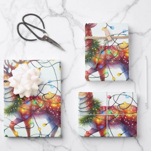 Baby Reindeer Tangled Lights Christmas Kids Wrapping Paper Sheets (Front)