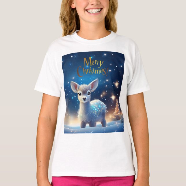 Baby Reindeer with Merry Christmas greeting T-Shirt (Front)