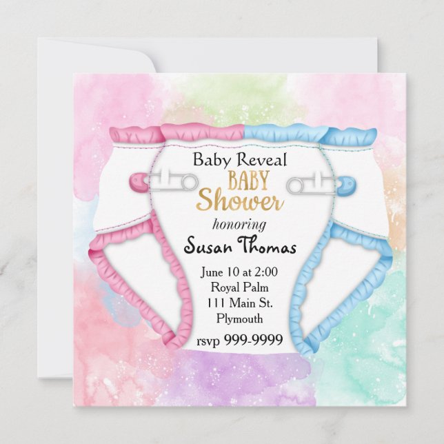 Baby Reveal Baby Shower Invitation with Diaper (Front)