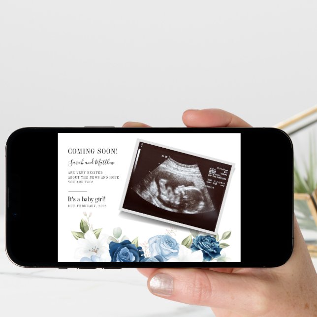 Baby Reveal Dusty Blue Floral Botanical Pregnancy Announcement (Front Digital)