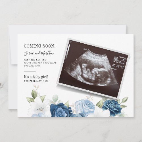 Baby Reveal Dusty Blue Floral Botanical Pregnancy Announcement