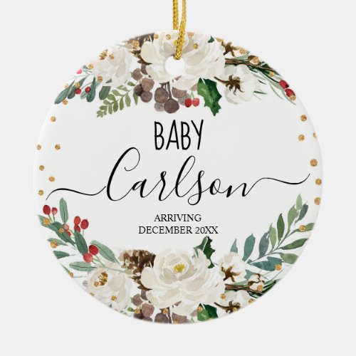 Baby Reveal Pregnancy Winter Christmas Floral Ceramic Ornament