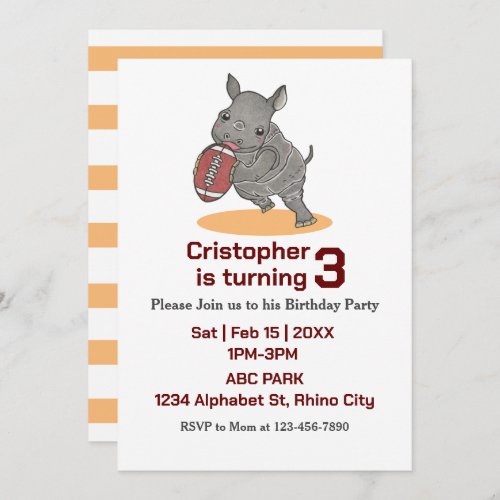 Baby Rhino American Football Birthday Invitation