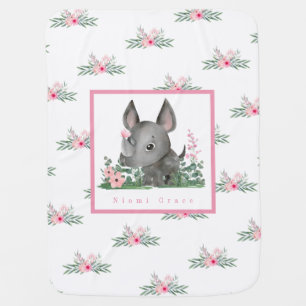 Baby Rhino Flower Pattern Pink Blanket