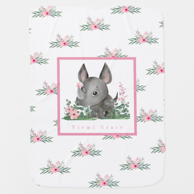 Baby Rhino Flower Pattern Pink Blanket (Front)