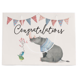 Baby Rhinoceros & Birdies Painted Boy Baby Large Gift Bag