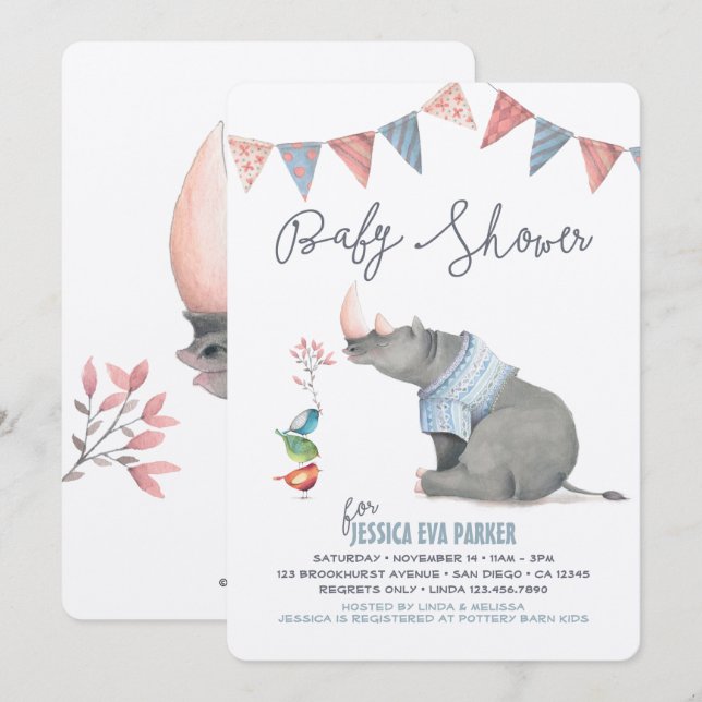 Baby Rhinoceros & Birdies Painted Boy Baby Shower Invitation (Front/Back)