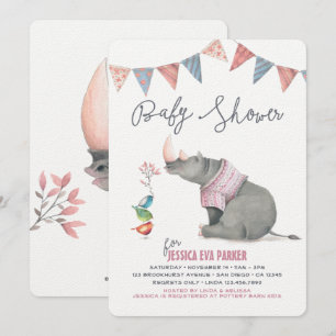 Baby Rhinoceros & Birdies Painted Girl Baby Shower Invitation