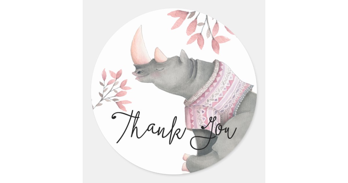 Baby Rhinoceros &amp; Birdies Painted Thank You Classic Round Sticker | Zazzle