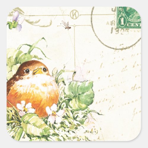 Baby Robin with Violets Square Sticker