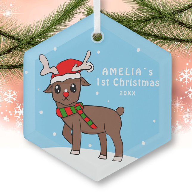 Baby`s 1st Christmas Cute Deer Drawing Snow Glass Ornament (Creator Uploaded)