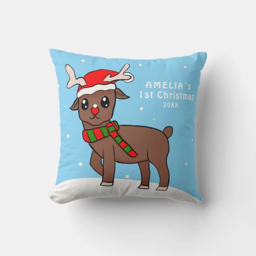 Babys 1st Christmas Cute Deer Drawing  Throw Pillow