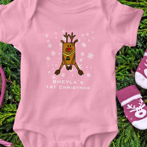 Babys 1st Christmas Cute Deer Snowflake Pink Girl Baby Bodysuit