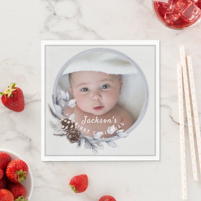 Baby’s 1st Christmas Gray Botanical Photo Keepsake Napkins (Insitu)
