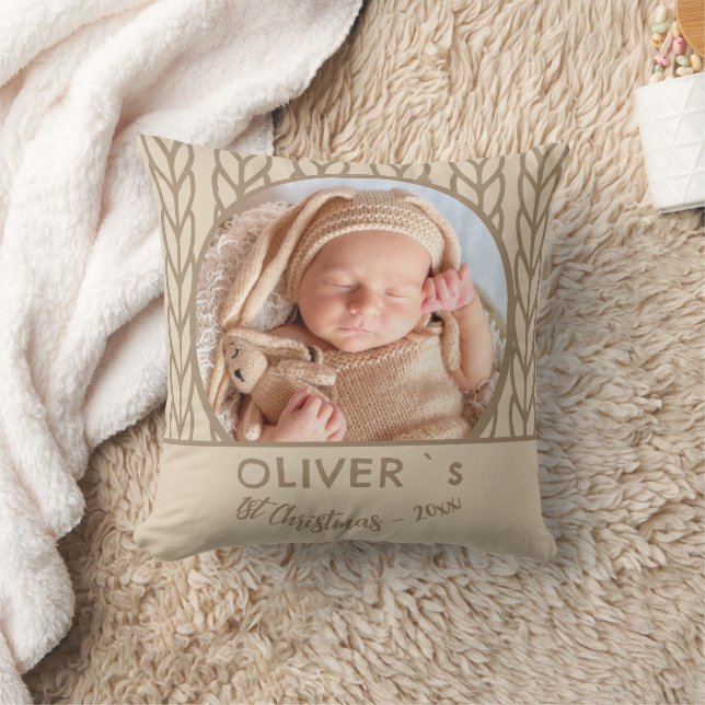 Baby`s 1st Christmas Knitting Photo  Throw Pillow (Blanket)