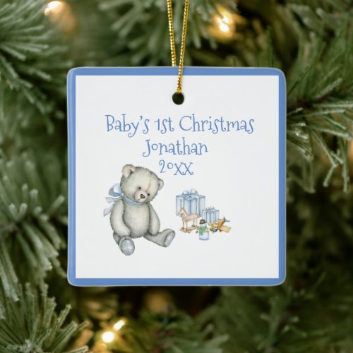 Babys 1st Christmas Personalize Blue Cute Baby Ceramic Ornament
